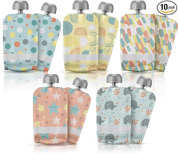 LittleWhispers Reusable Baby Food Pouches - Refillable with Applesauce, Yogurt, Fruit Puree, Smoothie - 10 Pack - Toddler & Kids Squeeze Pouch