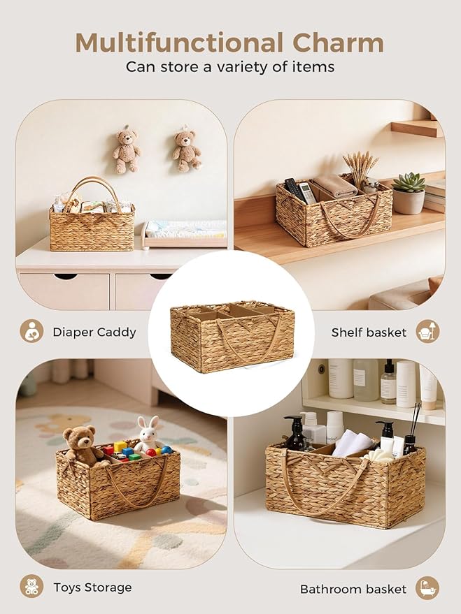 Diaper Caddy Organizer, Hand Rattan Nursery Storage Basket for Baby Essentials, Baby Changing Table Organizer Perfect Nursery Assistant, Easy Assemble (Natural Light, L)