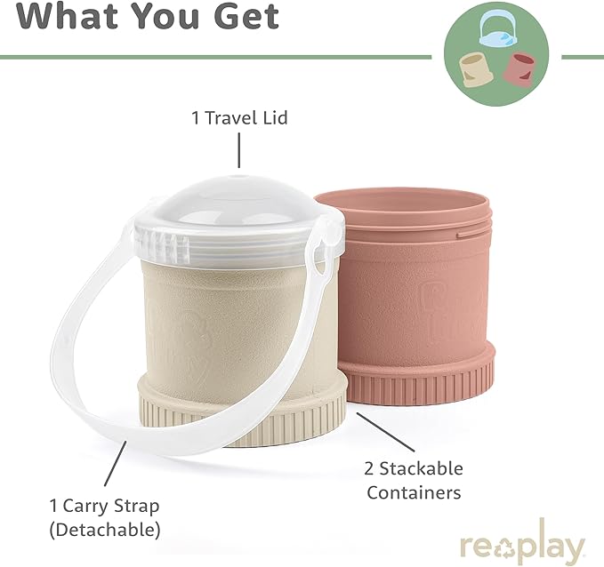 Re-Play Snack Stack Toddler Containers, 2 Sets - Stackable Cups with Travel Lid & Strap for On-the-Go, BPA-Free, Made in USA, Sand/Desert