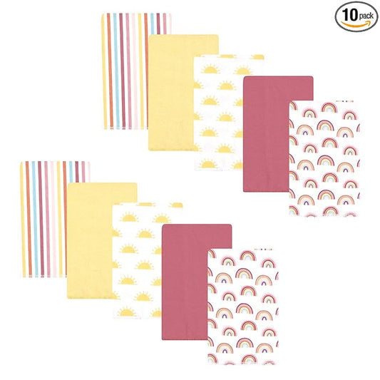 Hudson Baby Unisex Baby Cotton Flannel Burp Cloths 10-Pack, Sunshine and Rainbows, One Size