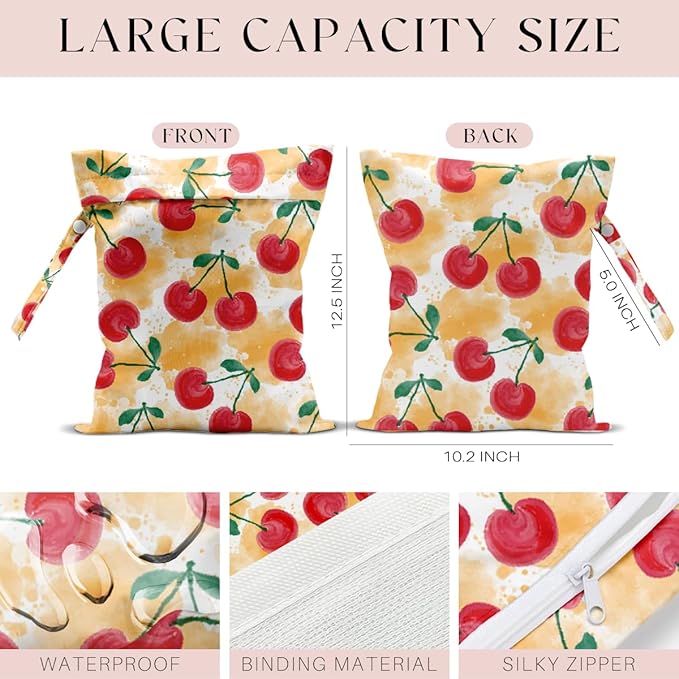 Wet Bag, Wet Dry Bag, Waterproof Swim Bags, Machine Washable Reusable Bags for Beach, Pool, Diapers, and Dirty Yoga Gym Clothes(Watercolor Cherry & Yellow Splash Pattern
