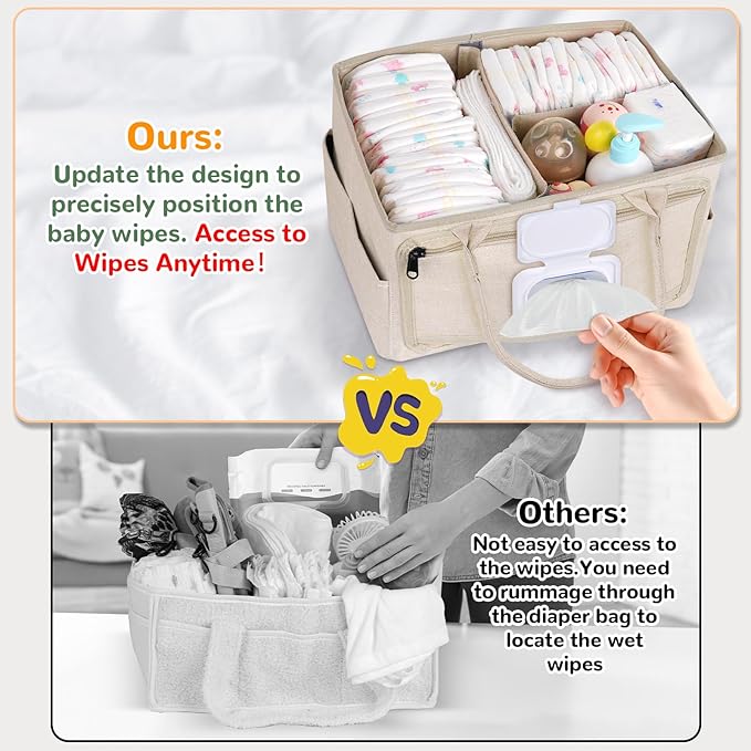 Volnamal Diaper Caddy with Wipe Dispenser One-Handed Access, Premium Diaper Organizer, Portable Car Organizer Nursery Basket for Newborn Essentials, Baby Registry Must Haves for Boys & Girls, Beige