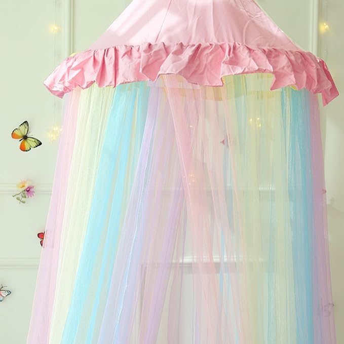 Pink Rainbow Bed Canopy Twin Size Breathable Canopy Bed Curtain for Bed,Princess Play Tent for Girls Bedroom Decoration Reading Nook