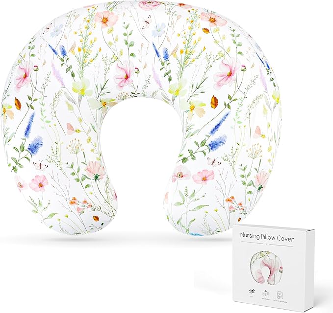 Nursing Pillow Cover, Breastfeeding Pillow Cover Case for Baby Girls Boys, Soft & Breathable, Colorful Flowers (Only Cover)