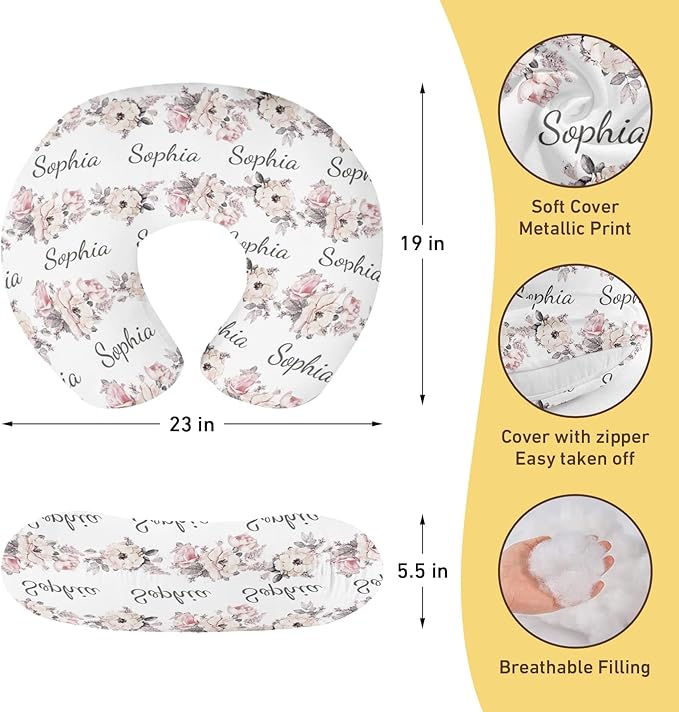 Customizable Flowers Baby Nursing Pillow Cover - Add Your Baby's Name, Ultra-Soft Stretch Fabric, Fits Standard Nursing Pillows, Ideal for Baby Showers Style 02