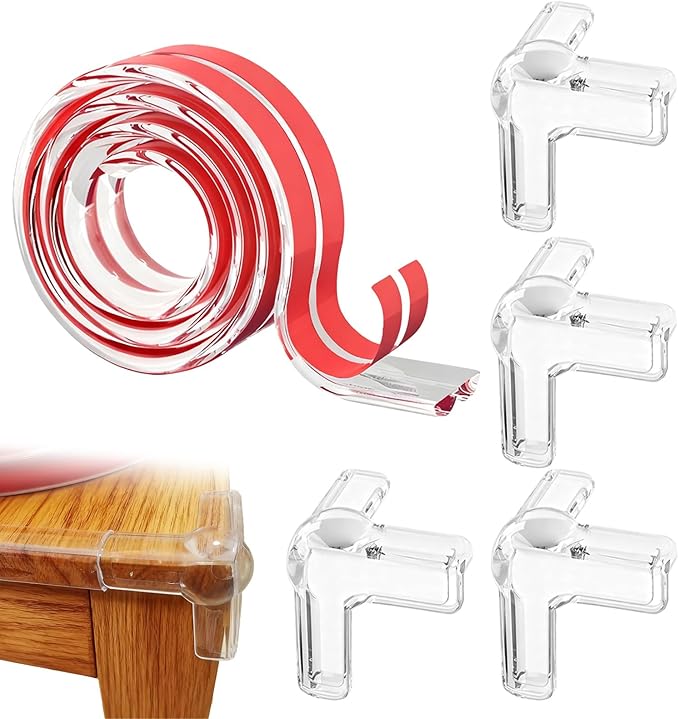 Baby Proof Edge & Corner Protectors, Clear Silicone Furniture Guards with Strong Adhesive – 9.84ft Table Edge Protector Strip with 4 Corner Guards for Baby Safety, Glass Tables, Cabinets & Fireplace