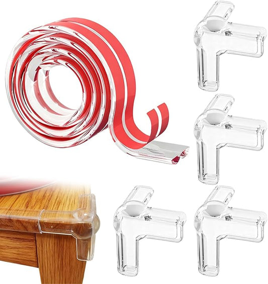 Baby Proof Edge & Corner Protectors, Clear Silicone Furniture Guards with Strong Adhesive – 9.84ft Table Edge Protector Strip with 4 Corner Guards for Baby Safety, Glass Tables, Cabinets & Fireplace