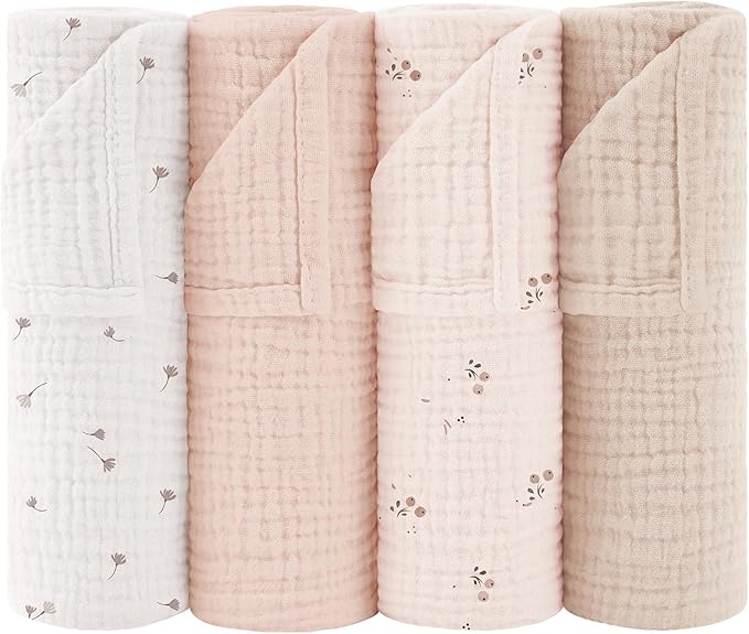 Susurration Muslin Burp Cloths 24x24 Inches Ultra Soft 100% Cotton, 4 or 7 Pack Baby Washcloths for Newborn, Absorbent Burp Rags & Swaddle Blankets