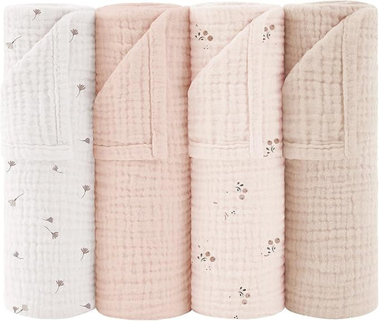 Susurration Muslin Burp Cloths 24x24 Inches Ultra Soft 100% Cotton, 4 or 7 Pack Baby Washcloths for Newborn, Absorbent Burp Rags & Swaddle Blankets