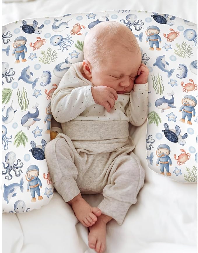 Sea Animal Baby Nursing Pillow Cover for Boy Girl Diver Turtle Jellyfish Whale Sea Weeds Starfish Nursing Slipcover for Breastfeeding Pillows Cute Ocean Animals Soft Stretchy Cover for Newborn Infant