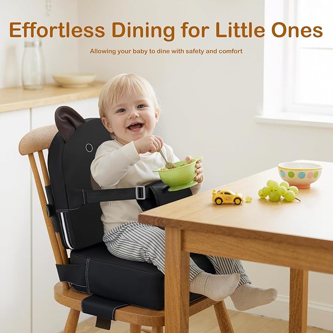 Booster Seat for Kitchen Chair, Toddler Kids Booster Seats for Dining Table with Backrest and Adjustable Strap, Portable PU Waterproof Travel Baby Boy Girl Booster Increasing Cushion (Black, OneSize)