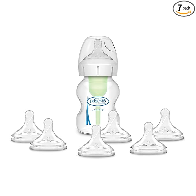 Dr. Brown’s Natural Flow® Anti-Colic Options+™ Wide-Neck Baby Bottle, 5 oz/150 mL, Level 1 Nipple, 1-Pack, 0m+ with 6-pack Level 2 Nipples