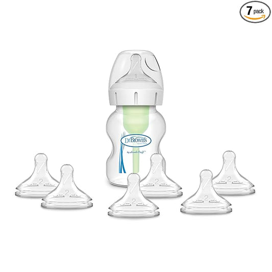 Dr. Brown’s Natural Flow® Anti-Colic Options+™ Wide-Neck Baby Bottle, 5 oz/150 mL, Level 1 Nipple, 1-Pack, 0m+ with 6-pack Level 2 Nipples