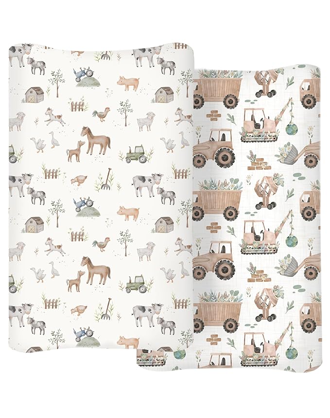 Changing Pad Cover for Baby Boys Girls 2 Pack, Fits Standard 32”×16” Changing Table Pads, Silky Breathable Stretch Knit, Machine Washable (Little Farm)