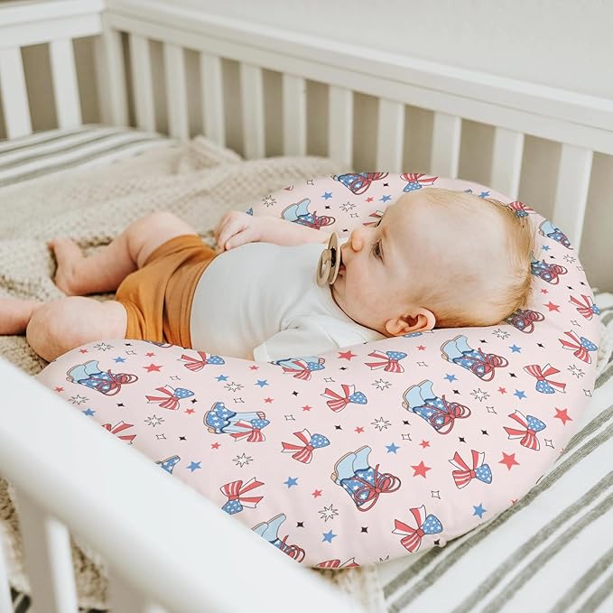 Pink July 4th Cowgirl Baby Nursing Pillow Covers for Girl Western Cowboy Boots American Flag Bows Stars Nursery Slipcovers for Breastfeeding Pillows Patriotic Soft Stretchy Cover for Newborn Infant