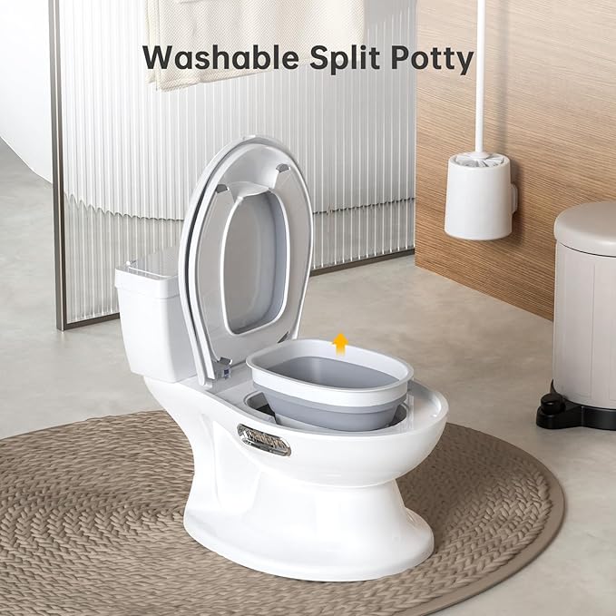2-in-1 Toddler Potty Training Toilet, Baby Potty Training Toilet with Real Feel Flush & Wipes Storage, Portable Non-Slip Children Toilets Chair with Paper Holder