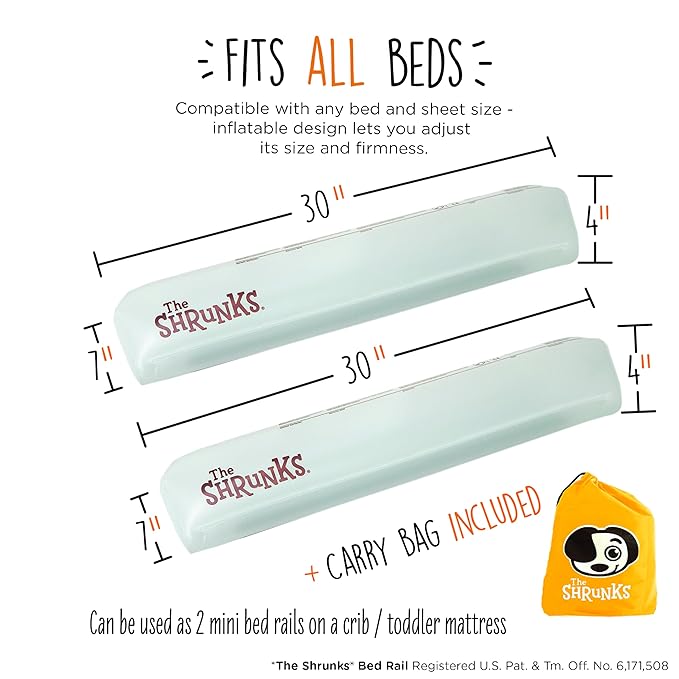 The Shrunks Convertible Inflatable Crib Bed Rail Bumper for Toddlers, Toddler Beds, Twin, Full, Queen, King Size Beds | Portable Bed Rail for Travel or Home | Bed Guard Rail for Kids | 2 Mini Rails