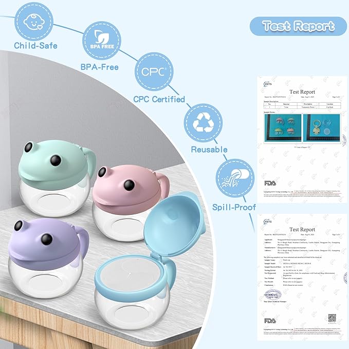 4 Pack 12.3 Oz Snack Cups for Toddlers Spill Proof Food Grade Tritan Baby Snack Container with Cute Frog Lid and Handle PVC Free Kids Snack Catcher Fit for On-The-Go