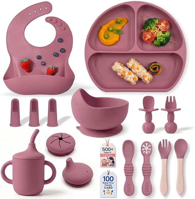Remonda 17-Piece BPA-Free Baby Silicone Feeding Set | Extra Large Suction Plates, Toddler Bowls, Self Feeding Spoons, and More | Dishwasher Safe| Infant Led Weaning Supplies (Red）A