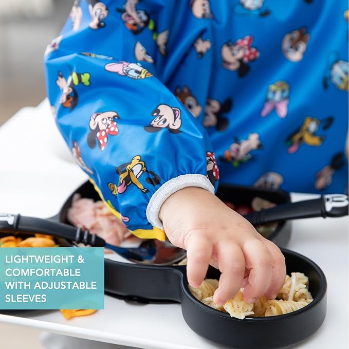 Bumkins Disney Sleeved Baby Bib – Long Sleeve Waterproof Fabric Feeding Smock with Crumb Catcher Pocket, Adjustable Toddler Apron for Baby Led Weaning, for Ages 6–24 Months, Mickey and Friends 2-pack