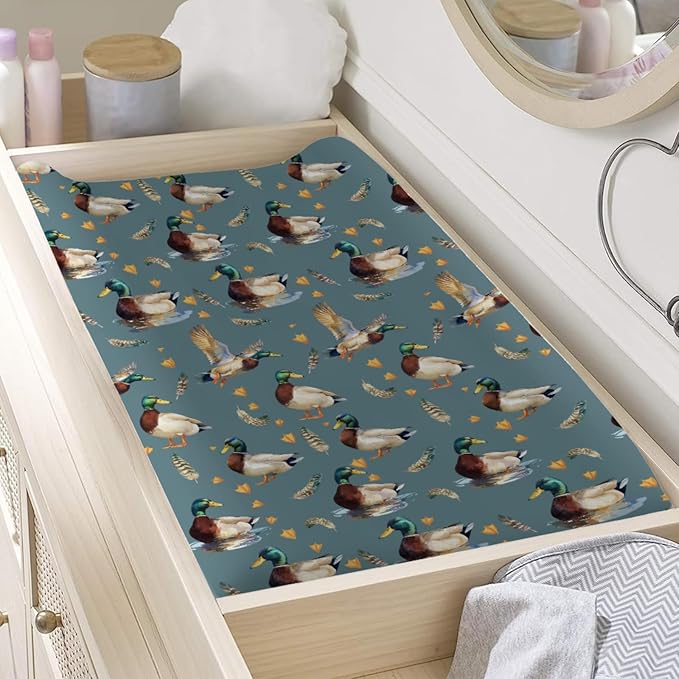 Vintage Duck Hunting Baby Changing Pad Cover for Boy Girl 32''x16'' Mallard Ducks Feathers Fitted Diaper Changing Table Sheets Wild Bird Animal Comfort Soft Breathable Baby Changing Table Mats