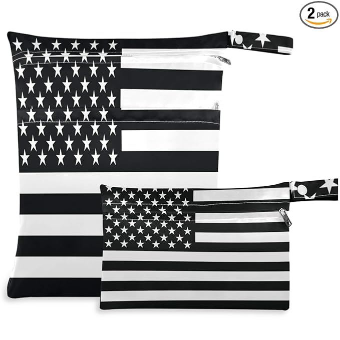 visesunny Black White American Flag 2Pcs Wet Bag with Zippered Pockets Washable Reusable Roomy for Travel,Beach,Pool,Daycare,Stroller,Diapers,Dirty Gym Clothes, Wet Swimsuits, Toiletries