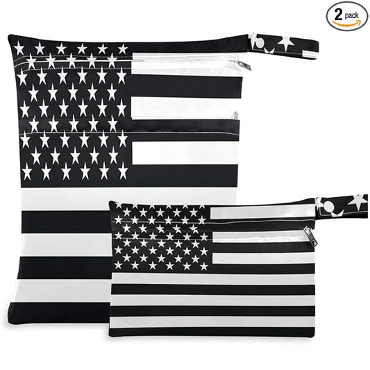 visesunny Black White American Flag 2Pcs Wet Bag with Zippered Pockets Washable Reusable Roomy for Travel,Beach,Pool,Daycare,Stroller,Diapers,Dirty Gym Clothes, Wet Swimsuits, Toiletries