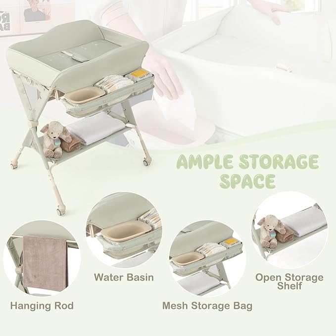 HONEY JOY Changing Table, Folding Mobile Diaper Nursery Organizer w/Wheel, 3 Adjustable Heights, Storage Bag & Open Shelf, Water Basin, Portable Baby Changing Station for Newborn Infant(Green)