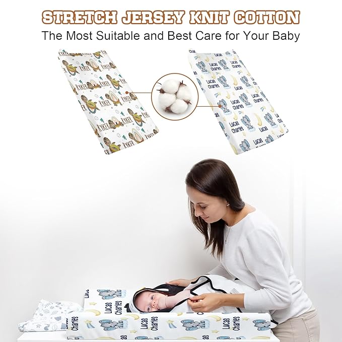 Personalized Baby Changing Pad Cover with Name - 2 Piece Lovely Elephant Baby Pee Pad Cover for Diaper Changing Table with Name, Custom Gifts for Infant Baby