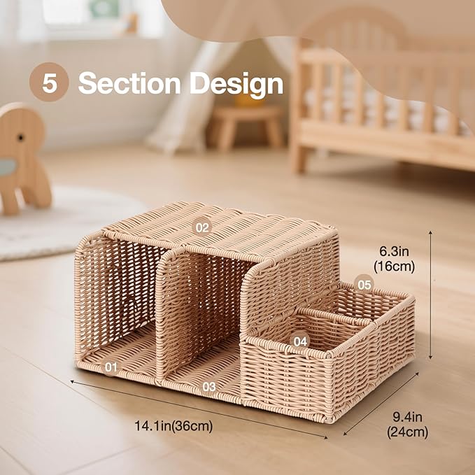 Diaper Caddy Organizer, Hand Rattan Nursery Storage Basket for Baby Essentials, Baby Changing Table Organizer Perfect Nursery Assistant (Natural Woven, M)