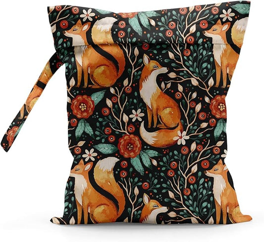 Waterproof Cloth Diaper Wet Dry Bag, Reusable Travel Beach Pool Daycare Soiled Toddler Items Yoga Gym Bag for Swimsuits or Wet Clothes Diaper Forest Animal Fox Wet Bag