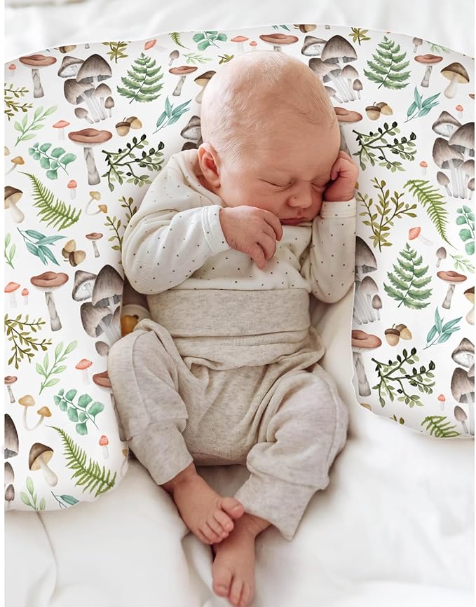 Vintage Mushroom Baby Nursing Pillow Covers for Boy Girl Retro Mushrooms Green Leaves Nursery Pillowcase for Breastfeeding Pillows Magical Plant Soft Stretchy Slipcovers for Newborn Infant