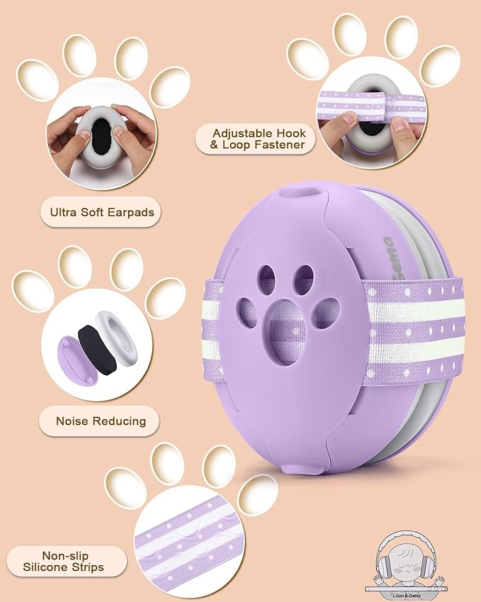 Lilian&Gema 2-in-1 Baby Ear Muffs Noise Protection up to 48 Months - Baby Airplane/Travel Essentials - Adjustable Noise Reduction Earmuffs - Ear Protection Headphones for Infant & Toddler, Purple