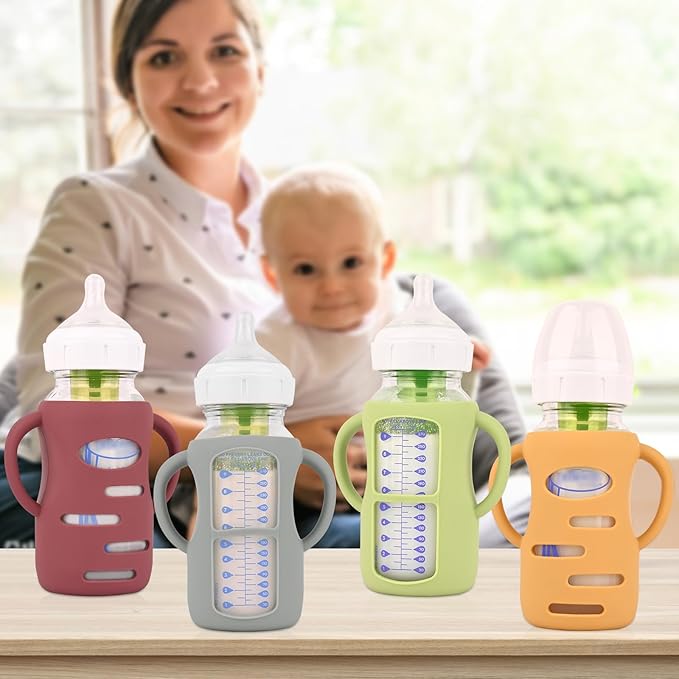 HUAKENER 4 Pack Silicone Sleeves with Handles for Dr Brown Baby Bottles, Anti Breakage Baby Bottle Holder, Compatible Dr Brown Wide-Neck Baby Bottles 9 oz