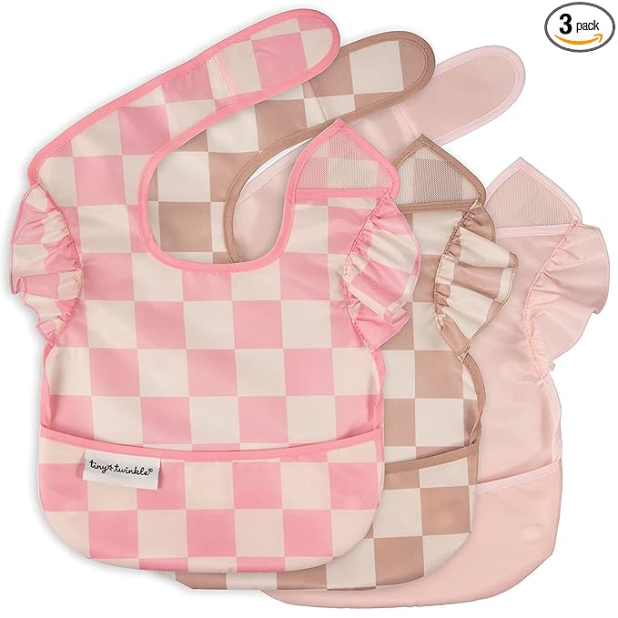 Tiny Twinkle Mess-Proof Baby Bibs for Eating | Waterproof, Wipeable Toddler Bibs with Catch-All Pocket | Feeding Bibs for Girls & Boys(3 Pack,Checkers Girl)