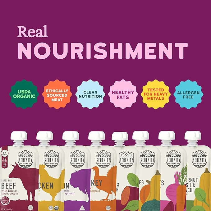 Serenity Kids 6+ Months Organic Baby Food Pouches - 5g Protein Nutrient-Packed Baby Puree Pouches - Organic Veggie-Rich Toddler Snack - On-the-Go Toddler Meals & Snack Pack - 8 Count, 3.5 Oz