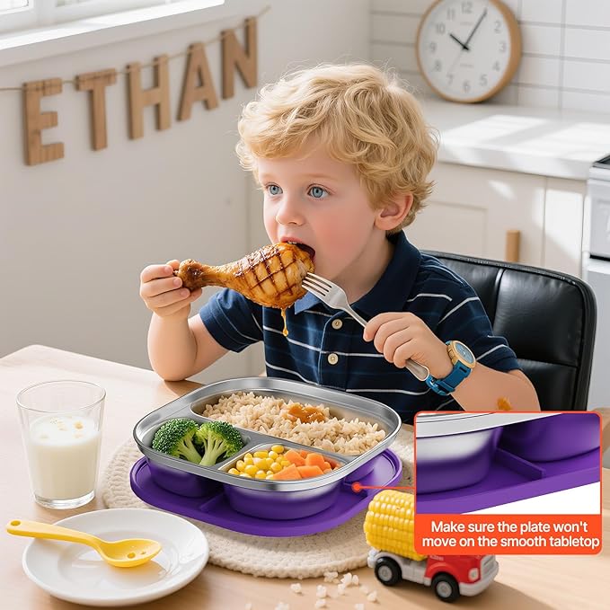 Set of 4 Snack Containers,Stainless Steel Kids Plates,Stainless Steel Toddler Plate with Silicone Lids- Reusable Meal Prep Lunch Containers for Kids Non Toxic & 100% BPA Free