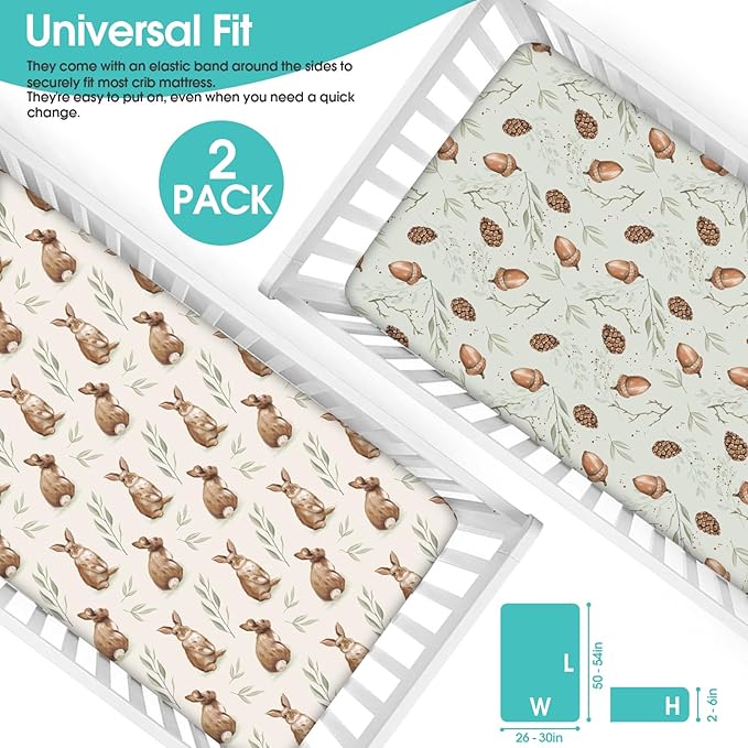 BROLEX Baby Fitted Crib Sheets: Kid Crib Sheets - Set of 2 for Toddler Standard Size Crib Mattress for Boys and Girls - Jersey Knit Crib Bed Sheets Bunny Nuts