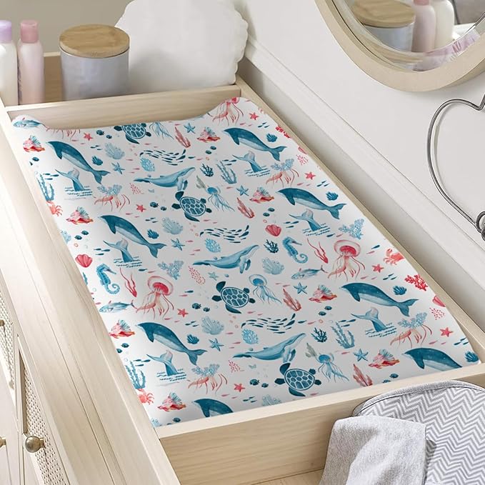 Nautical Animals Life Changing Pad Covers Sea Turtle Whale Jellyfish Sea Horse Weeds Unisex Diaper Change Table Sheets for Boys Girls Soft Breathable Stretch Changing Pad Sheets 32''x16'' White
