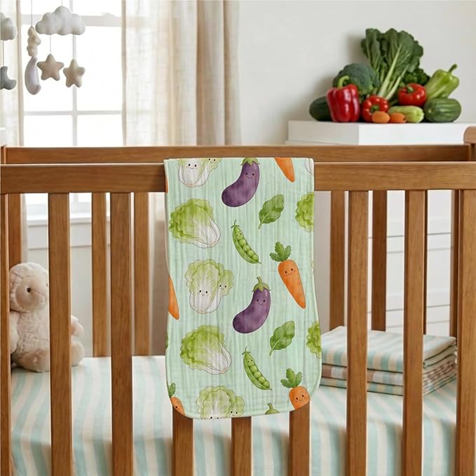 5 Pack Baby Burp Cloths, Soft Cotton Garden Harvest & Farm Market Theme Burp Cloths, Super Absorbent Cute Watercolor Vegetable Print Washcloths, Newborn Baby Essentials Gift Set