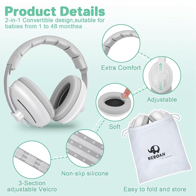 BEBOAN 2-in-1 Baby Ear Muffs Noise Protection for 0-36 Months, Noise Cancelling Headphones for Infant, Newborn Ear Protection for Airplane Travel, Toddler Sound Proof