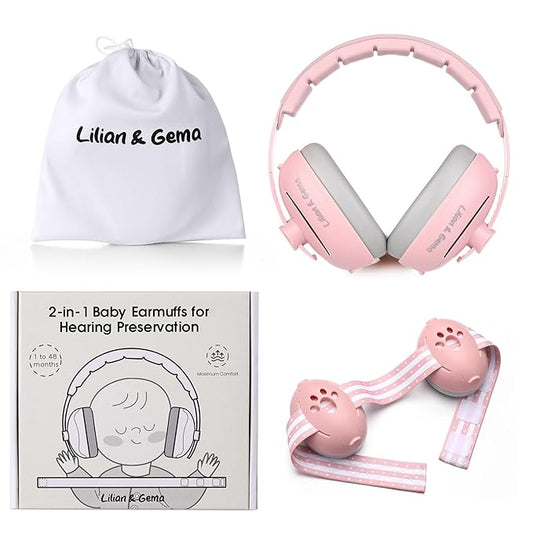 Lilian&Gema 2-in-1 Baby Ear Muffs Noise Protection up to 48 Months - Baby Airplane/Travel Essentials - Adjustable Noise Reduction Earmuffs - Ear Protection Headphones for Infant & Toddler, Pink