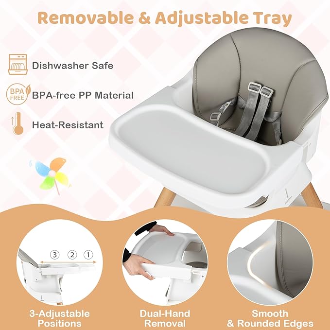 BABY JOY High Chair, 9-in-1 Convertible Highchairs for Babies and Toddlers, Booster Seat | Table & Chair Set | Stool, Adjustable Legs, Removable Tray, Safety Harness & PU Cushion (Gray)