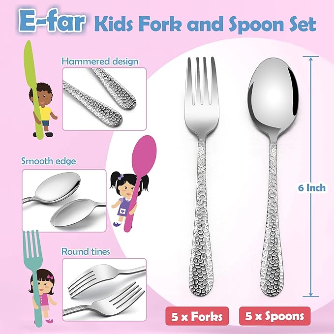 E-far Toddler Forks and Spoons Set, 10-Piece Stainless Steel Toddler Utensils Kids Safe Silverware for Self Feeding, Healthy & Non-Toxic, Dishwasher Safe