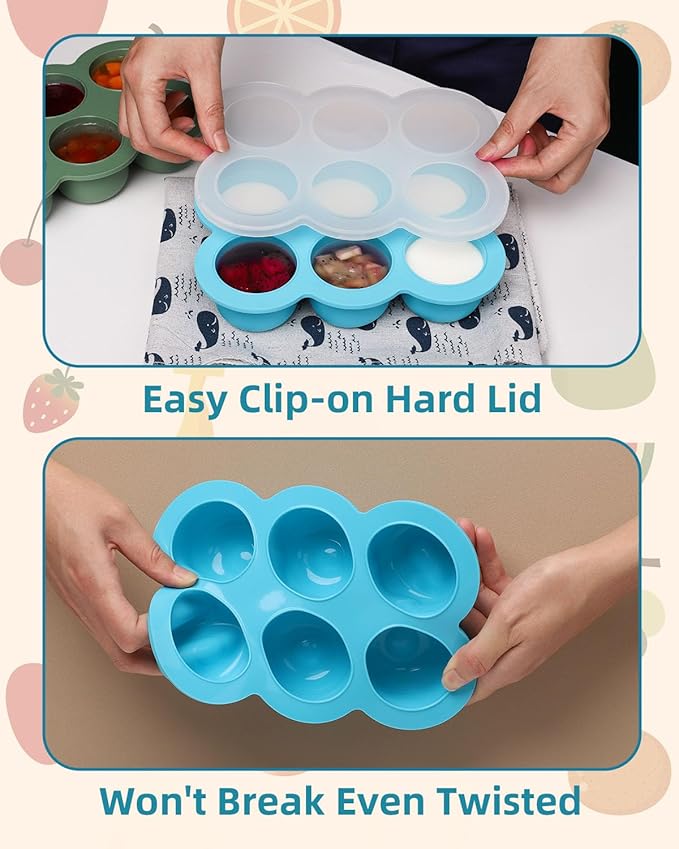 Baby Food Freezer Tray with Lid, 6 x 3 Ounce Silicone Freezer Molds Storage Container for Homemade Baby Food, Breast Milk, Fruit Puree & Vegetables (Blue)