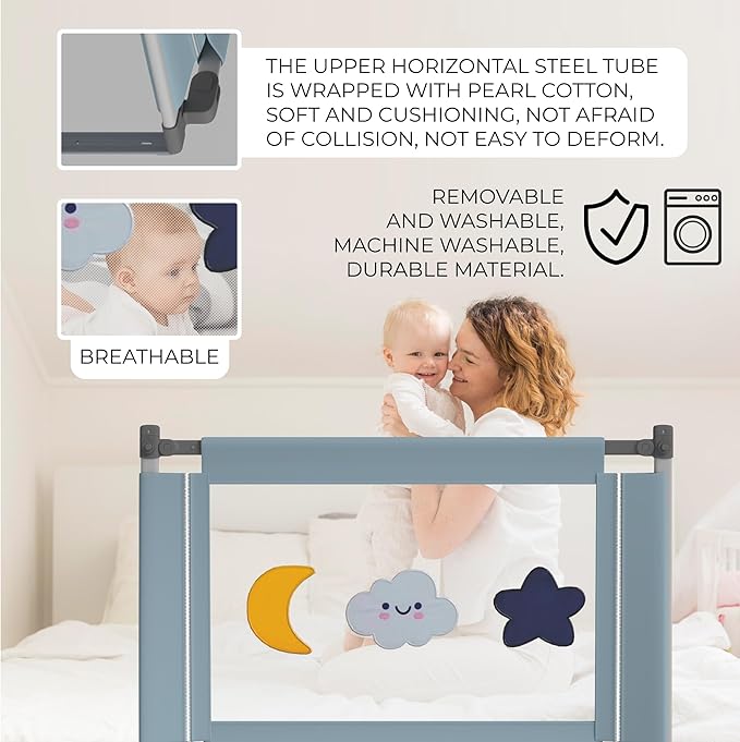 Bed rail for toddlers with adjustable high and foldable design for enhanced safety, Suitable for all mattress sizes toddler bed rails for cosleeping, Machine washable baby bed rail guard, Blue