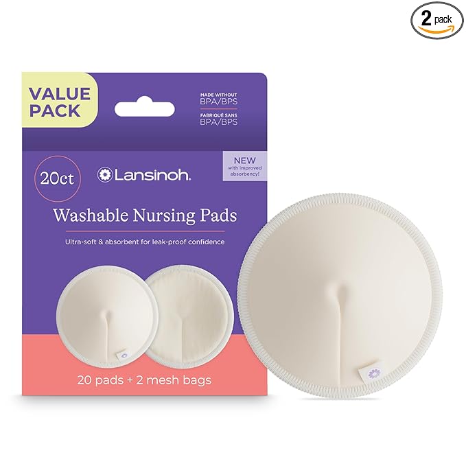 Lansinoh Washable Nursing Pads, Made with Organic Bamboo Viscose, Reusable Breast Pads for Breastfeeding with Wash Bag, Breastfeeding Essentials, 10 Count (Pack of 2)