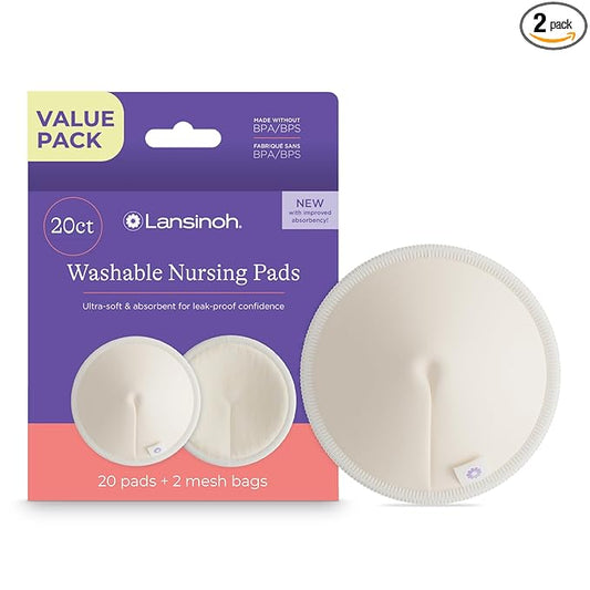 Lansinoh Washable Nursing Pads, Made with Organic Bamboo Viscose, Reusable Breast Pads for Breastfeeding with Wash Bag, Breastfeeding Essentials, 10 Count (Pack of 2)