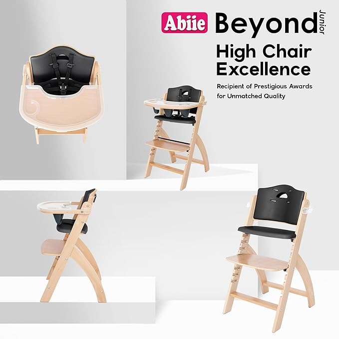Abiie Beyond Junior Wooden High Chair for Babies and Toddlers - Convertible 3-in-1 Baby Highchair with Removable Tray - 6 Months to 250 Lb - Water Resistant - Natural Wood/Black Pearl Cushion