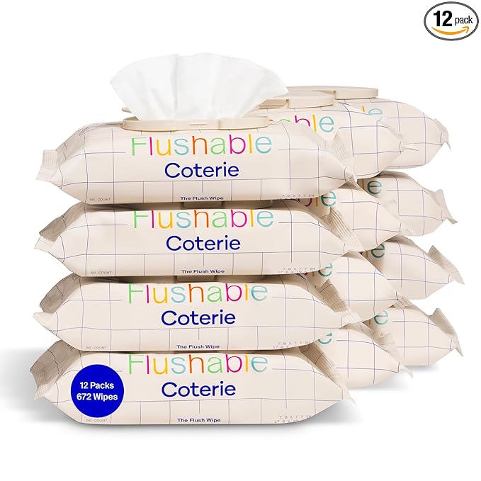 Coterie Flushable Wipes for Toddlers, Designed for Potty Training, Safe for Sensitive Skin, Hypoallergenic, 99% Water, Plant-Based, Fragrance Free, Sewer & Septic Safe, 12 Pack (448 Wipes)